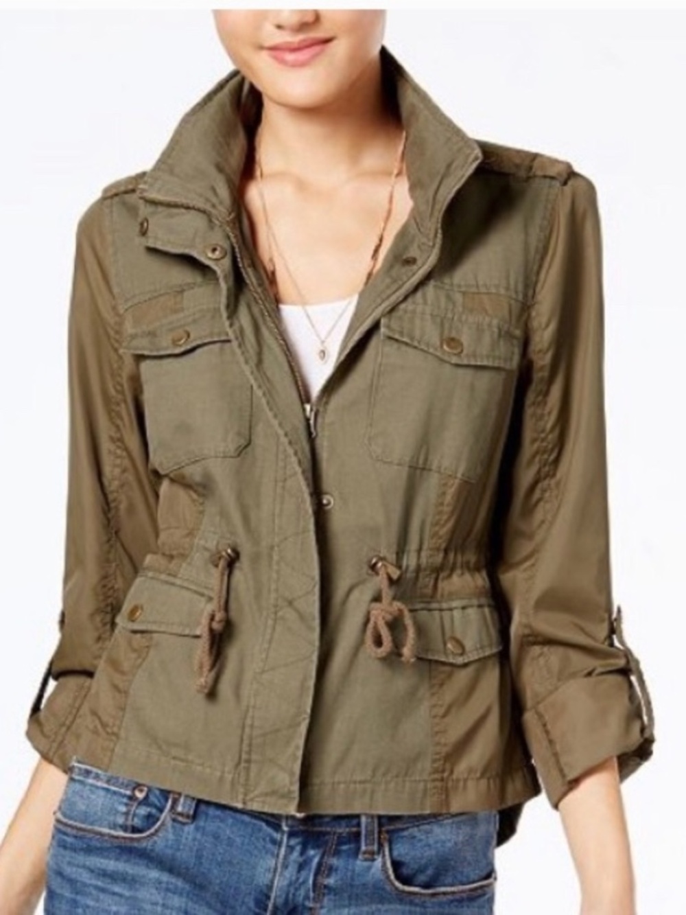 American Rag Army Green Military Utility Jacket with Hood and Roll Tab Sleeves L